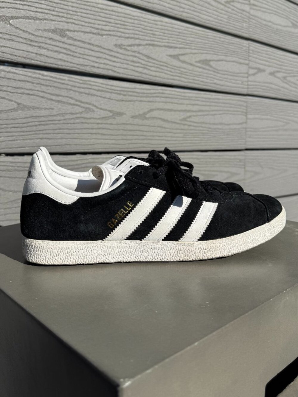 Adidas Gazelles, black with white stripes